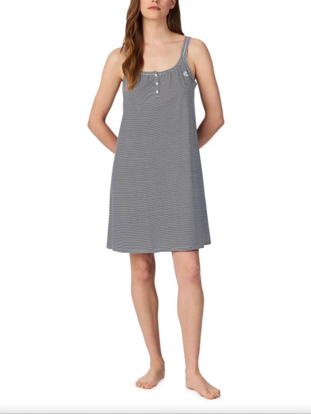 Lauren Ralph Lauren Navy/White Striped Cotton Knit Double Strap Nightgown Sz M